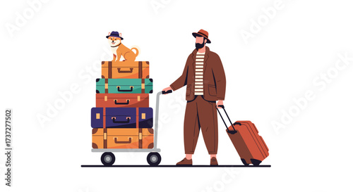 A man and his dog are ready for a vacation with many suitcases.