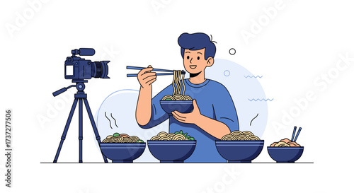 Man eating a large bowl of noodles while filming it with a camera.