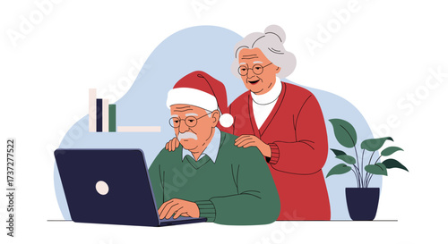 Elderly couple enjoying Christmas celebrations with a laptop and a plant.