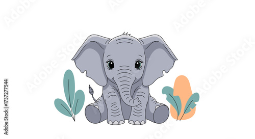 A cute baby elephant sits among tropical leaves and abstract shapes.