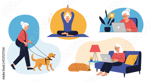 Elderly women engage in various leisure activities and hobbies at home and outdoors