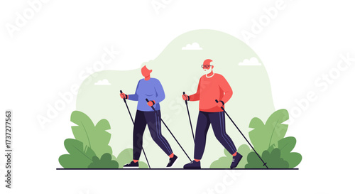 Elderly couple enjoying a healthy and active lifestyle while walking outdoors.