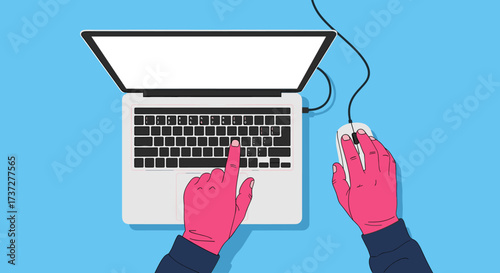 Close-up view of hands in pink gloves typing on a laptop keyboard and using a computer mouse.