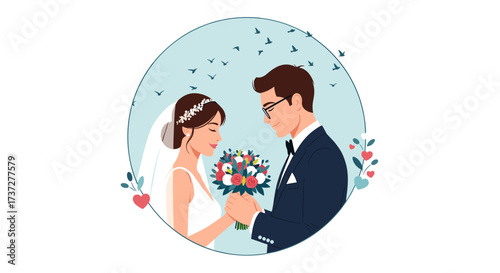 A happy couple shares a tender moment holding a bouquet of flowers.
