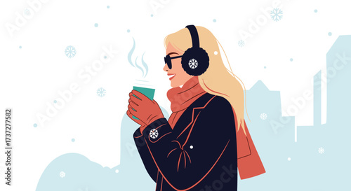 Young woman enjoying a warm drink outdoors during a gentle snowfall.