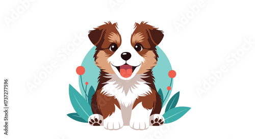 A happy fluffy puppy with bright eyes sits among green leaves and pink flowers on a white background. .