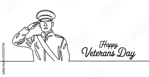 Minimalist Veterans Day salute illustration with military figure in uniform and sash, honoring service with elegant line art and tribute text