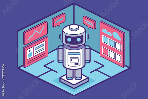 Robot Inside Isometric Room with Screens and Data Displays futuristic