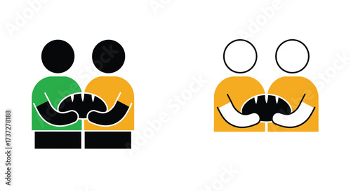 Minimalist depiction of two pairs of people with connected hands