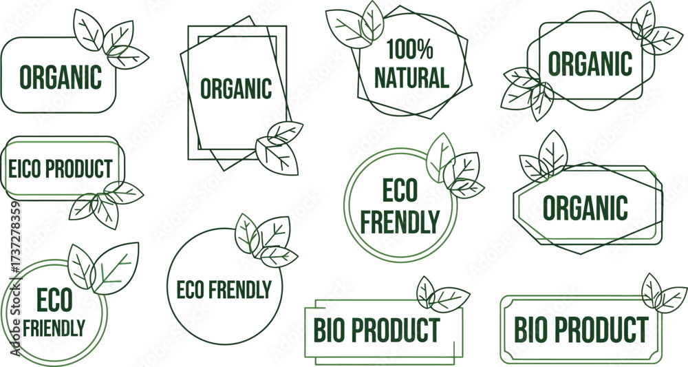 Fototapeta premium Organic, Eco Friendly and Bio Product Labels with Green Leaves, Isolated on White