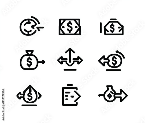 Financial vector icon set representing investment money management currency exchange banking and other related business activities