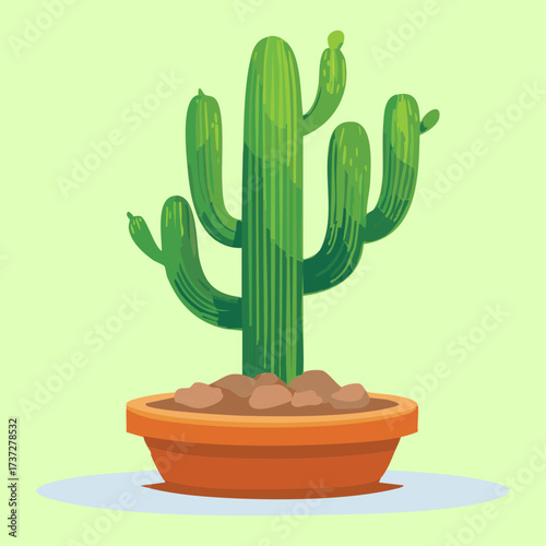 Classic Cartoon Saguaro Cactus Potted in a Terracotta Pot with Sand Base, a Friendly Vector Icon for Desert Plant Themes	