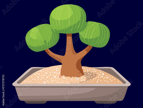 Heavy-Trunked Bonsai with a Broad, Dense Canopy of Circular Leaves, Potted in a Dark Square Container, Modern Minimalist Style	