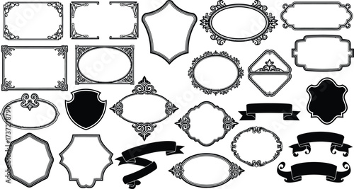 Ornate Frames and Ribbons Set in Vintage Style Variety of Shapes on Transparent