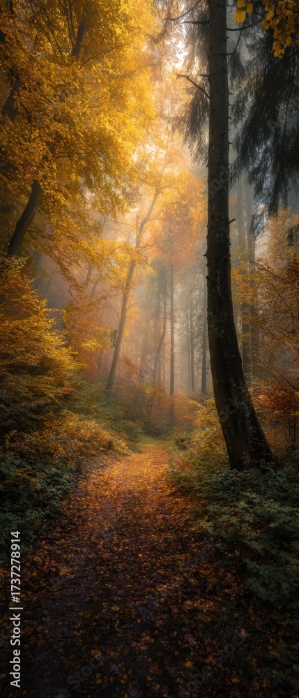 Naklejka premium Premium Autumn Forest Path with Golden Leaves and Misty Morning Light Authentic Seasonal Content for Lifestyle Marketing and Social Media Campaigns