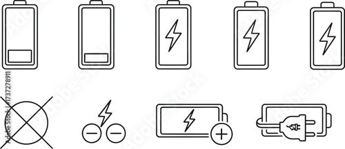 Outline Battery Icon Set with Charging Symbols on Transparent Background Design