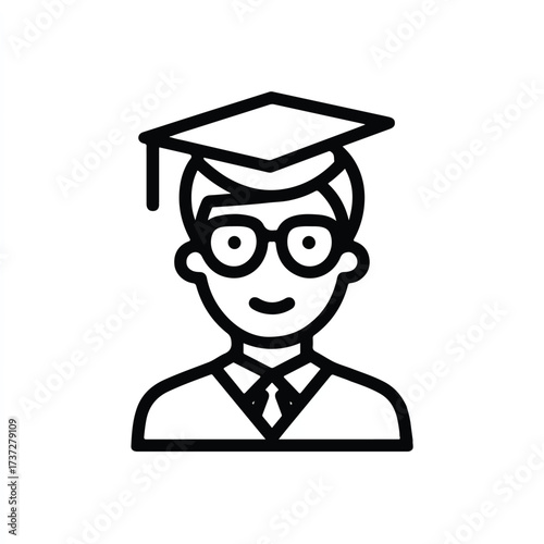 Graduate student avatar icon with glasses and wearing graduation cap and gown symbol of achievement and higher education