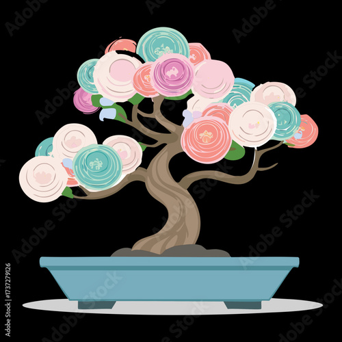 Elegant Fantasy Bonsai Tree Adorned with Pink Blue and White Flowers Shaped like Roses on a Twisted Trunk	