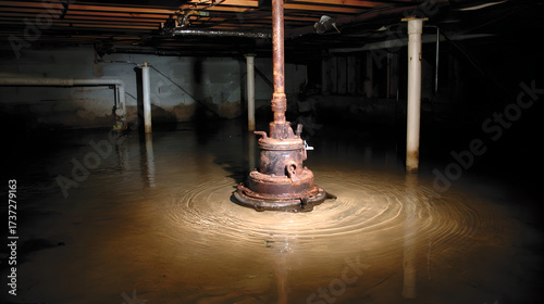 A rusty, old sump pump is submerged in deep, standing water in a dark basement.