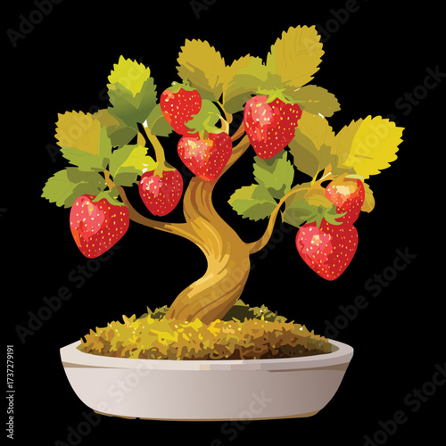 Intense Close-Up View of a Strawberry Bonsai with Large Ripe Berries, Highlighting a Bountiful Miniature Harvest	