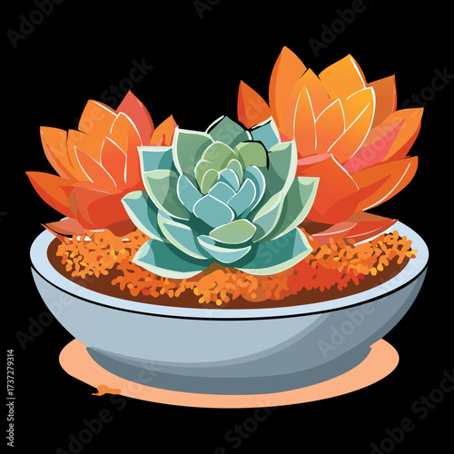Modern Potted Succulent Display with Orange and Blue-Green Echeveria Against a Deep Black Background	