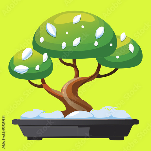Whimsical Bonsai Tree with Spotted Foliage and Snow, Creating a Unique and Playful Interpretation of Winter Nature	