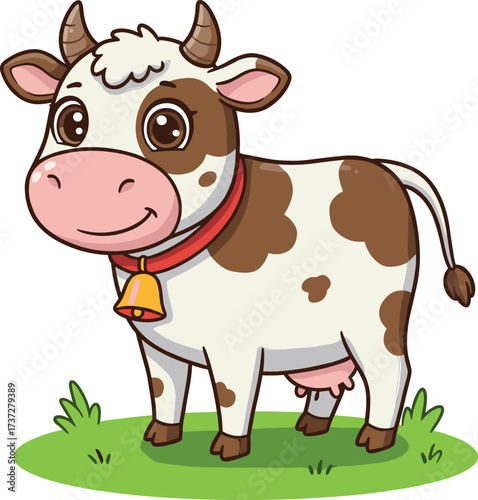 Cartoon dairy cow on grass, cute farm animal illustration, friendly livestock character, isolated vector design for kids and agriculture content