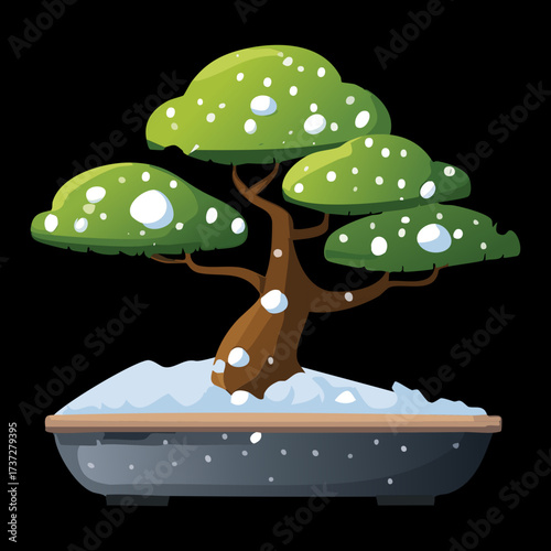Dramatic Black Background Art of a Snowy Green Bonsai Tree, Emphasizing the Cold and Tranquil Winter Contrast	