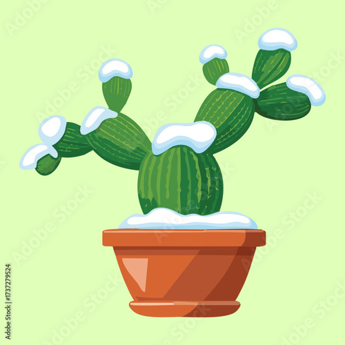 Whimsical Winter Scene Featuring a Potted Cactus Covered in a Light Layer of Freshly Fallen Snow and Frost	