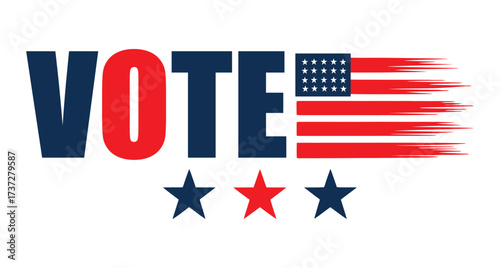 Bold "VOTE" typography with stylized American flag as letter "O" and three stars below, promoting civic engagement and patriotic participation