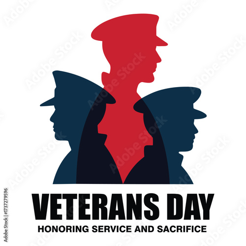Veterans Day tribute with bold black text, military silhouettes in red and blue, and message honoring service and sacrifice in patriotic style