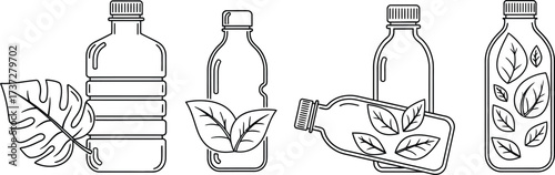 Outline Style Four Drink Bottles with Various Leaves Isolated on White