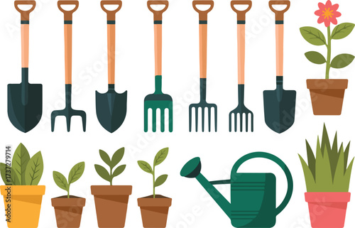 Collection of gardening tools and potted plants flat design shovel