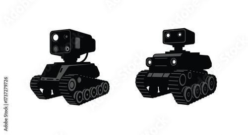 Two simple black robot designs with treads and blocky features shown