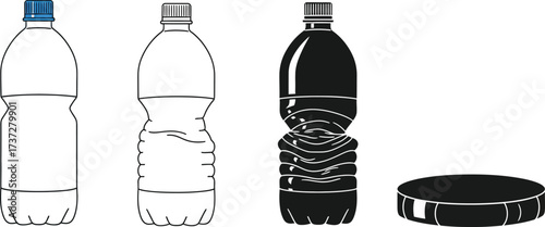 Plastic Bottle Sketches With Blue Cap, And Black Flattened Recycled Bottle Icon
