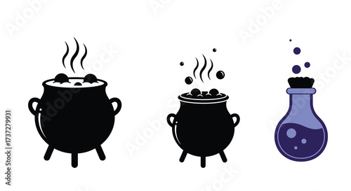 A collection of magical potions and cauldrons in black silhouette style