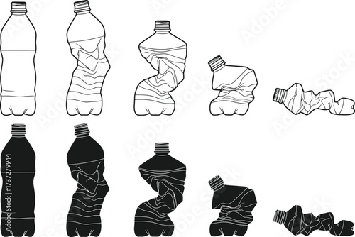 Plastic Bottles Degradation Process Outlines Set Black and White