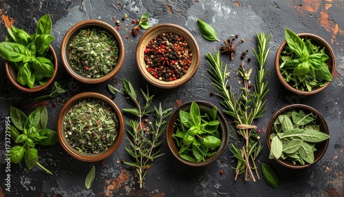 Fototapeta Naklejka Na Ścianę i Meble -  Assorted Fresh Culinary Herbs in Bowls on a Dark Textured Surface Overhead View Colorful Variety of Spices Seasonings and Aromatic Plants
