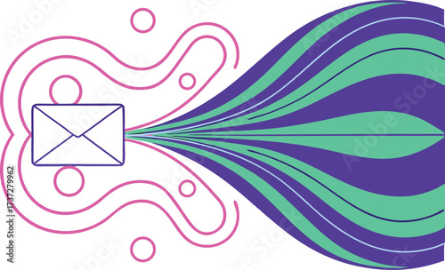 Envelope with pink swirls releasing purple and green abstract streams mail letter