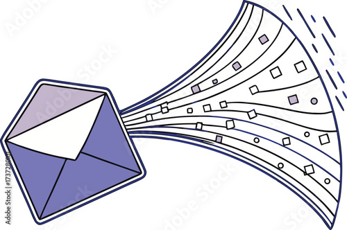 Purple envelope with white flap releasing abstract geometric streams and lines mail letter