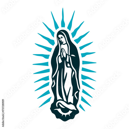 Virgin of Guadalupe Icon, Teal and White Golden outline of the Virgins cloak with radiating sun rays Dia de la Virgen de Guadalupe December 12.