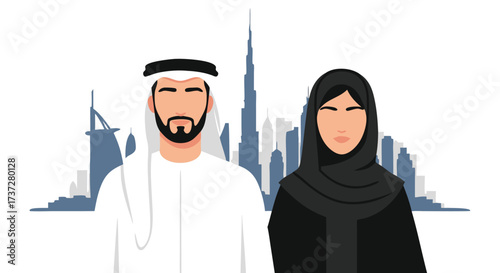 Modern Emirati Couple standing in front of Dubai s iconic skyline representing cultural fusion and urban development in the UAE