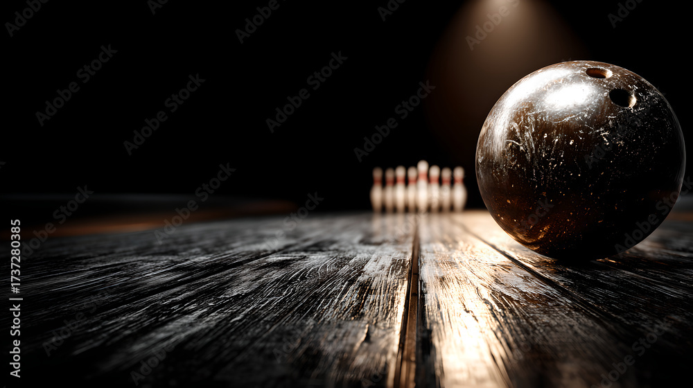 Fototapeta premium A single black bowling ball rests perfectly centered on a highly polished wood lane.