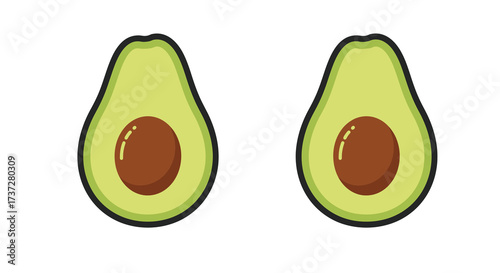 Two halved avocados with visible pits simple illustration on white background