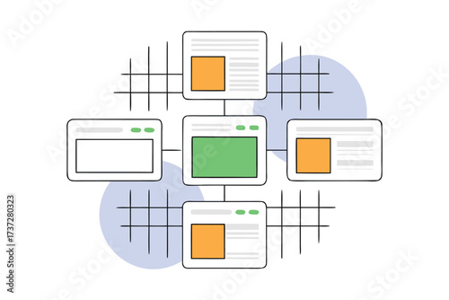 Connected website interfaces arranged in a network with abstract circles arrangement