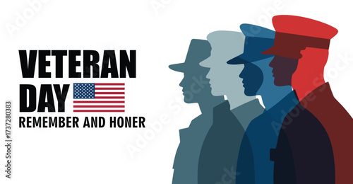 Veteran Day tribute with bold text, American flag, and military silhouettes in red, blue, and gray, honoring service and remembrance