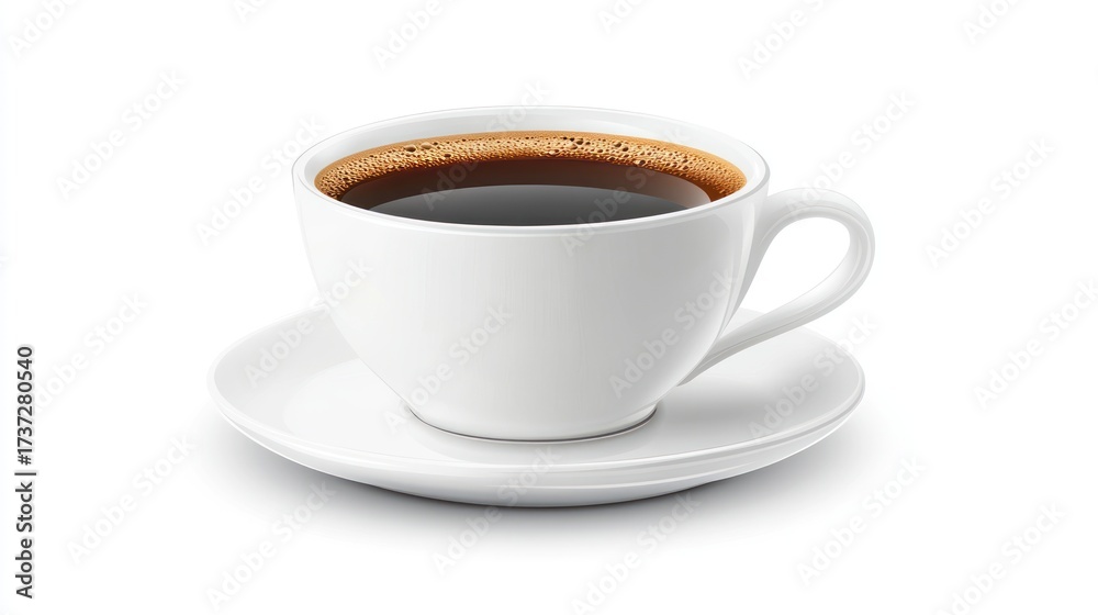 Obraz premium White ceramic coffee cup filled with dark coffee on a saucer, isolated on white