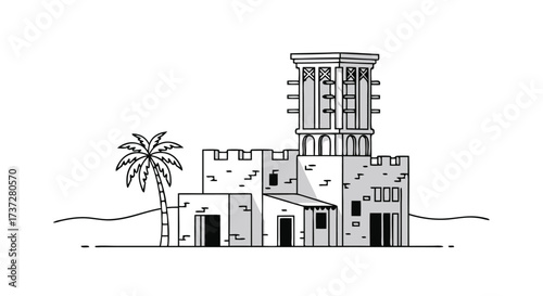 Traditional Middle Eastern Windcatcher Tower Building Silhouette with Palm Tree in Desert Landscape Line Art