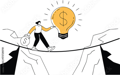 Person Bridging a Gap with Money to Ignite a Lightbulb Idea innovation concept