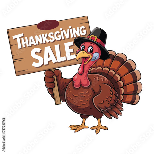 Cartoon turkey with pilgrim hat holding "Thanksgiving Sale" sign, festive design for seasonal promotions, discounts, and holiday marketing